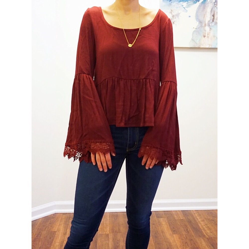 Lace Bell Sleeve Maroon Long Sleeve Top SizeXS NWT